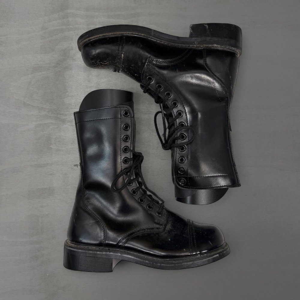 Vintage Combat Boots Black Leather Cap Toe Lace Up High Top 8.5
